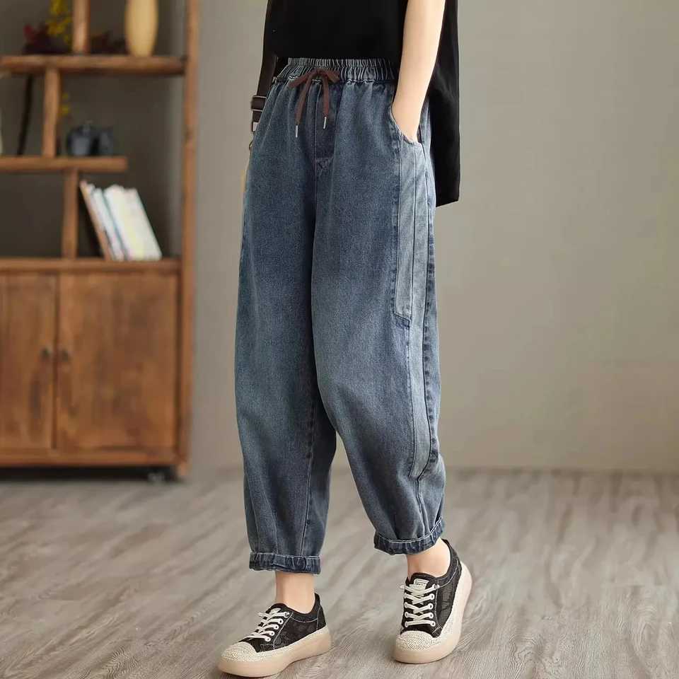 High waisted Womens Jeans 2025 Spring Autumn New Loose Splicing Elastic waist Harem pants Women Casual Denim Nine points PantsT251013