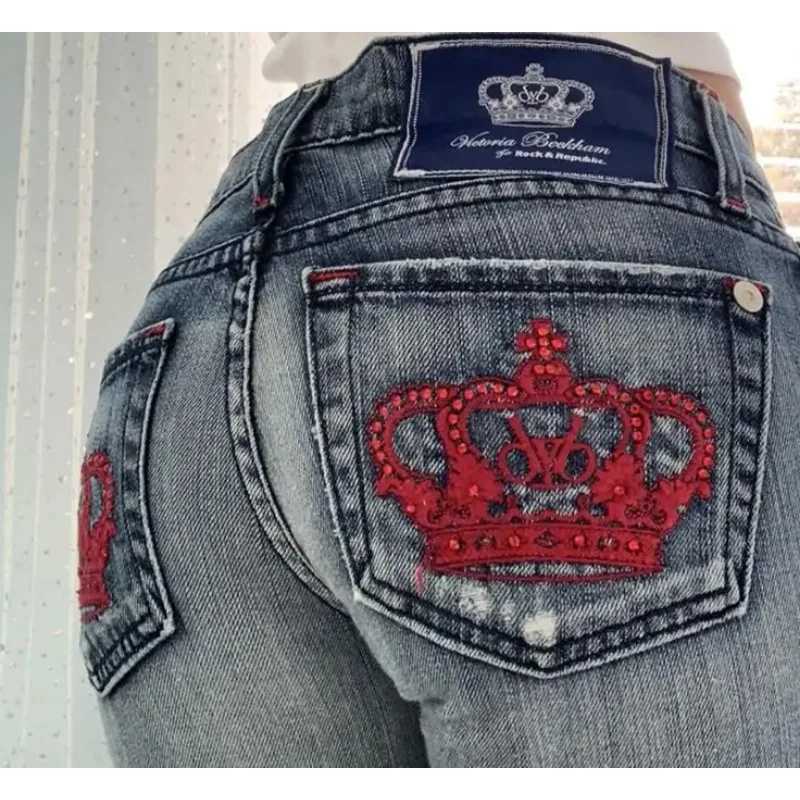 Harajuku Y2K crown graphic pocket embroidery high quality oversized jeans for women high street slim sexy casual straight pantsT251013