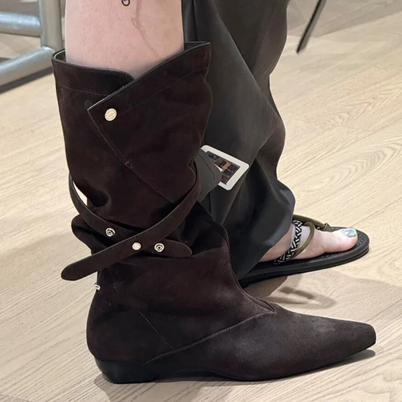 Pointed Toe Womens Boots Flats Suede Gothic Shoes Fad Winter Chelsea Boots Walking Dress Trend Mujer Botas 251011