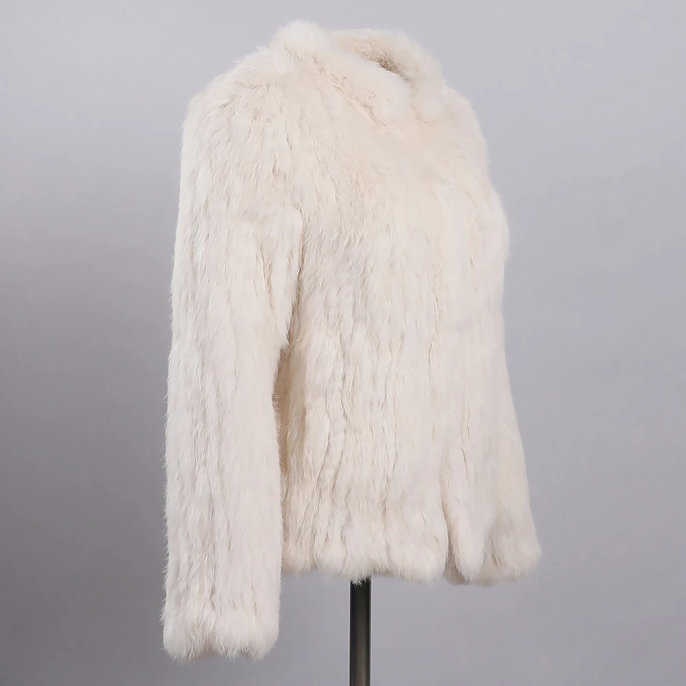 Womens Winter Real Rabbit Fur Knitted Jacket Female Classic Long Sleeve Stand Collar Genuine Fur Coat Lady Warm Outwear Fluffy 251029