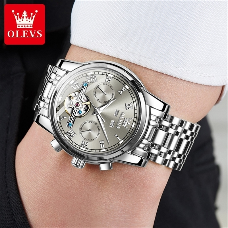 OLEVS Mens Watches Automatic Mechanical Business Wristwatch Waterproof Stainless Steel Man Skeleton Calendar 251011