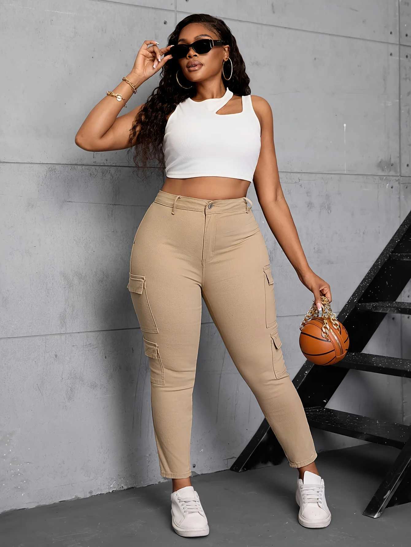 High Waisted Straight Cargo Jeans for Women Stretch Casual Streetwear Denim Pants 2025 New FashionT251013