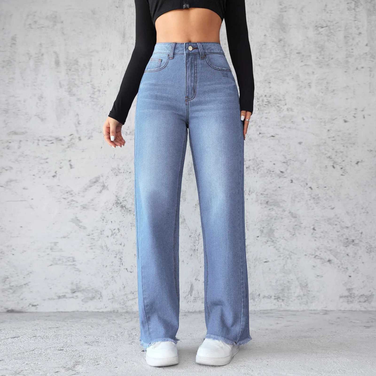 New Temperament Highwaisted Wideleg Jeans Four Seasons Fashionablesimplecomfortable and Casual Straightleg Jeans for WomenT251013
