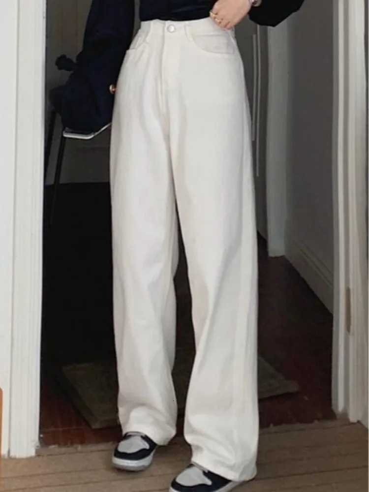 Korean Sle Simple Pure Color Wide Leg Jeans Pants for Women Summer Nine Points Regular Thin Casual TrousersT251013