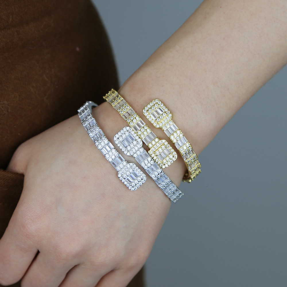 New Hip Hop Bracelet with Square Zircon Full Diamond Opening and Punk Style Bracelet in Electric Gold and Silver