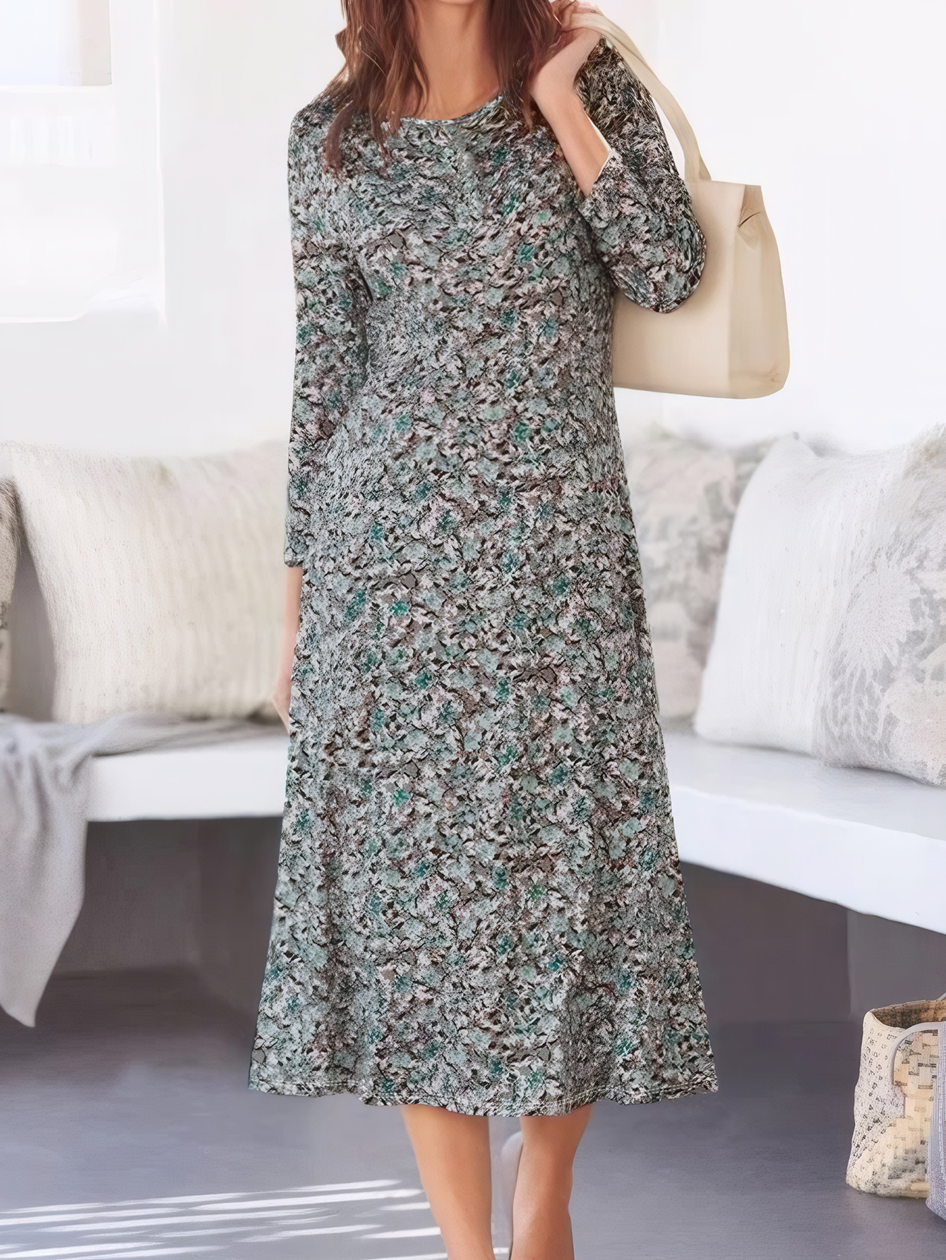 Women's Autumn New Fashion Mom - Style Casual All - Over Printed Midi Dress-CF53859