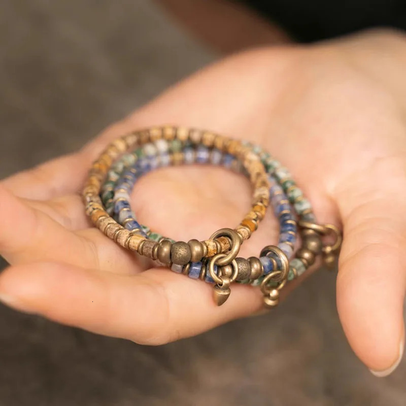 Natural Picture Stone Mixed Metal Brass Blue Spot Beaded Strand Bracelet Simple One Row Vajar Charm Black Dainty Couple Jewelry 251010