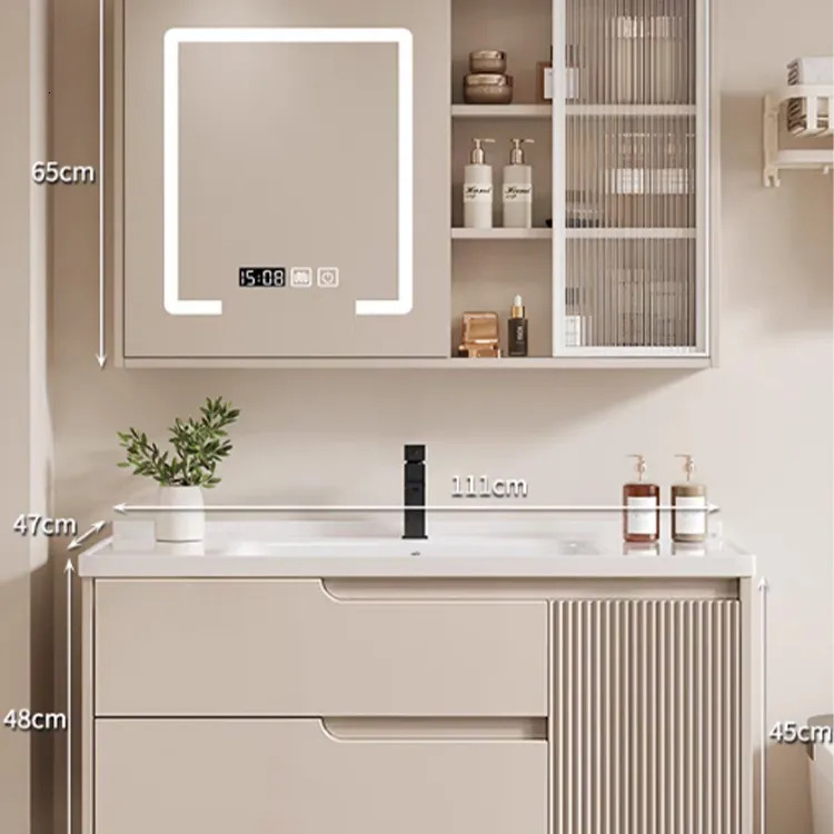 Integrated ceramic basin cream-style bathroom cabinet set - modern solid wood toilet sink, washbasin, and washstand