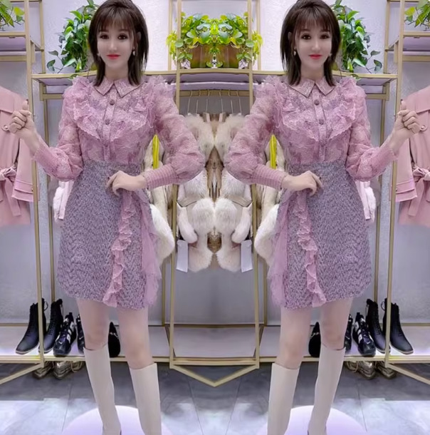 Autumn Sweet Pink Lace Mesh Embroidery Ruffles Patchwork Tweed dresses for Women elegant See Through Long Sleeve Party Vestidos 240824