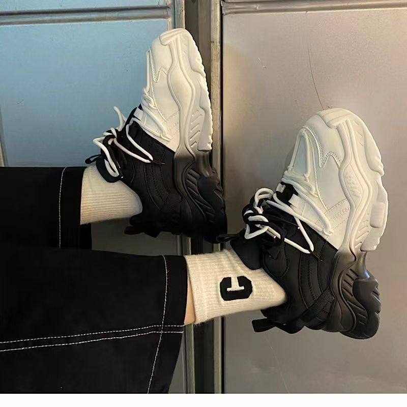 2025 Hot Rising Thick Sole Ins Style Black And White Color Blocked Dad Men's Chic Versatile Niche Retro Trend Couple Sports Shoes