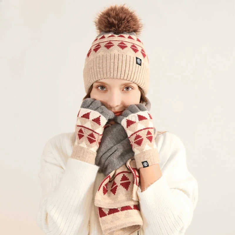Knitted Gloves Scarf Hat ThreePiece Set Men Women Autumn Winter 30Wool Blend Windproof Beanie Fashion Trend Warm Muffler Sets M251013