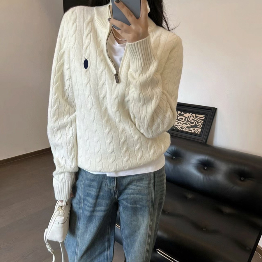 Designer Women's Sweater Fall/Winter New Arrival Embroidered Solid Color High Neck Pullover Half-Zip Versatile Knit Cable-Knit Sweater Women's Sizes XS-XL