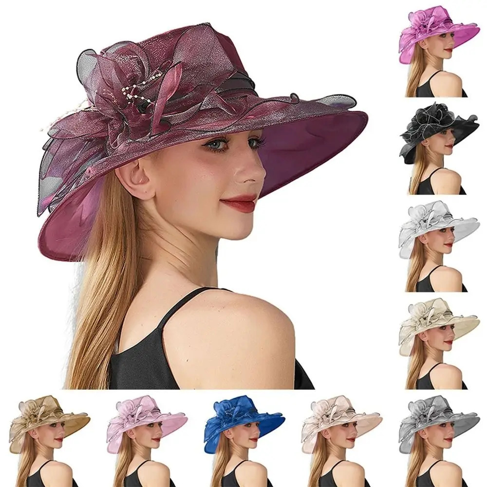 Solid Color Flowers Women Derby Hat Organza Wide Brim Summer Ruffles Sun Hat Foldable UV Protection Bridal Tea Party Wedding Hat 251013