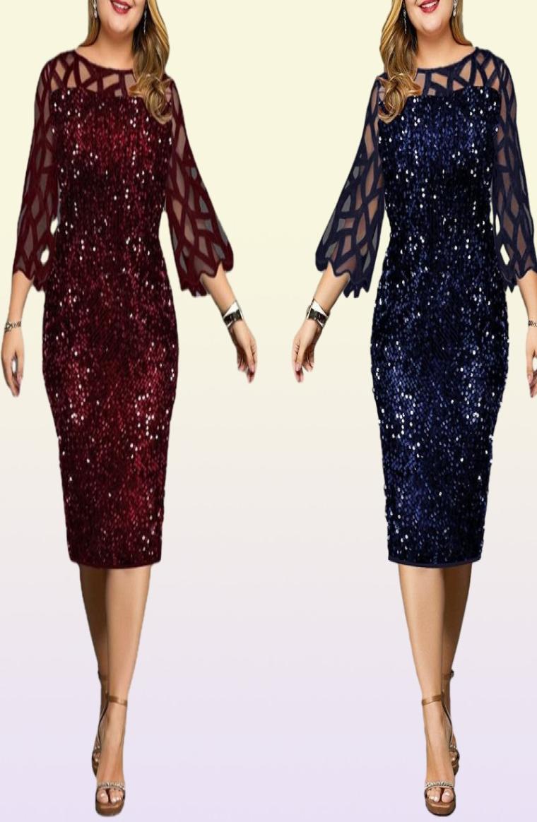 Plus Size Dresses Party Dress Ladies Midi Sequin Mesh Long Sleeve Lace Elegant Bodycon XL4XL 5XL Evening Woman Summer 20212972525