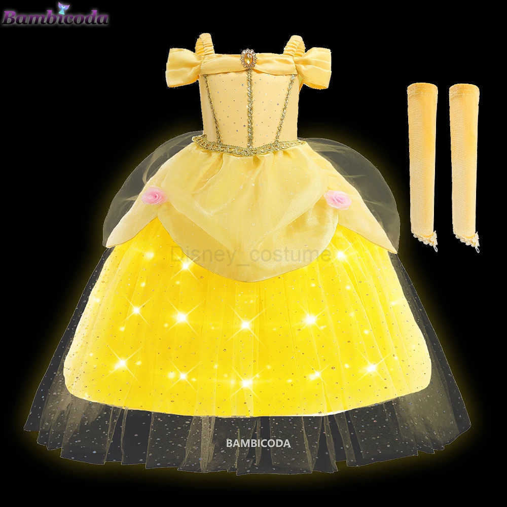 Disney Cosplay Belle Dress Girls LED Light up Dresses For Beauty and the beast Party Clothing Magic stick crown Costume 310Y H251013