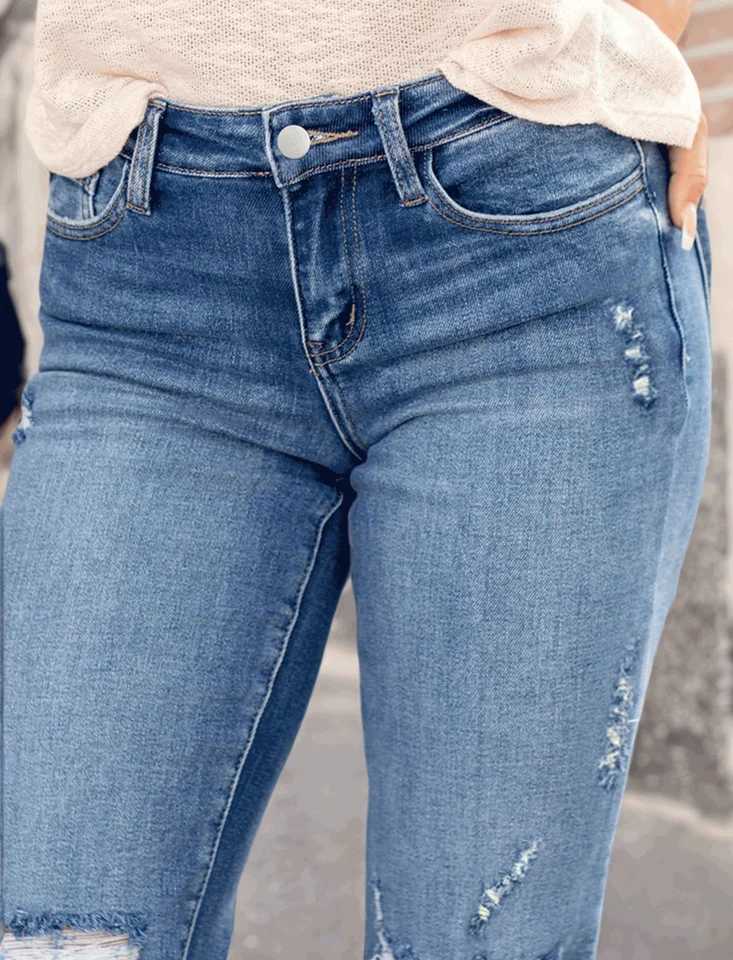 New Womens Fashion Stretch Ripped Slim Fit Jeans with Pockets Trendy Elastic Straight Leg Denim PantsT251013