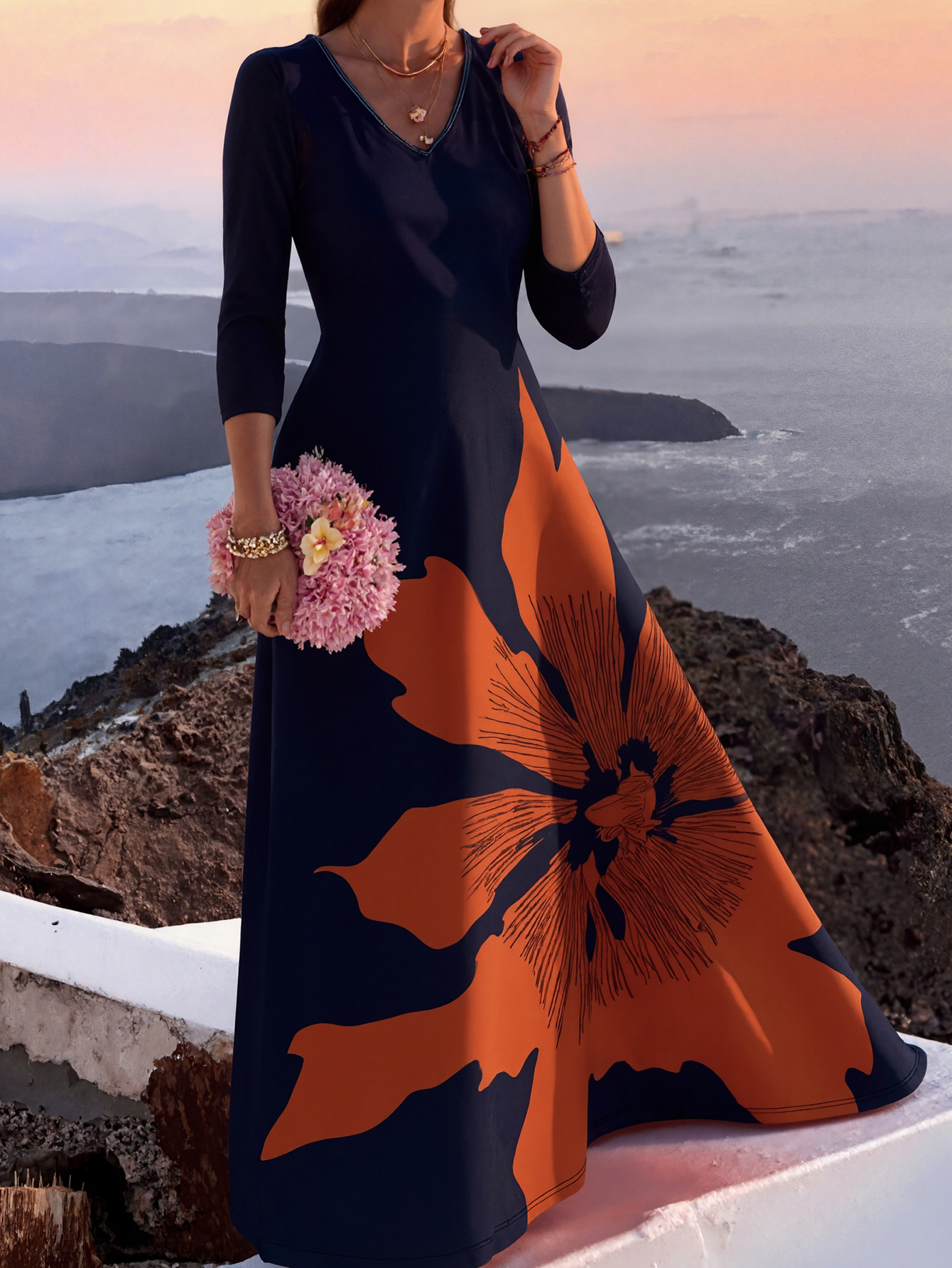 Women's Summer Autumn New Fashion Vacation Floral Printed Slimming Midi Dress - Mom - Style Elegant Navy Blue Dress-CF52916