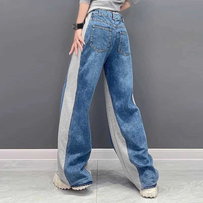 Wide Leg Pants Jeans Women Floor Length Washed Pockets Patchwork Elastic Waist Lace Up Denims Straight Trousers 2025 StreetwearT251013