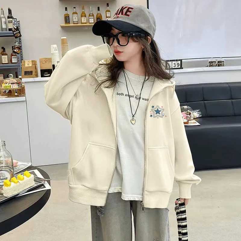 Girls 2025 New SpringAutumn FleeceLined Hoodie Stylish Versatile Korean Style JuniorSenior Kids Top C251013