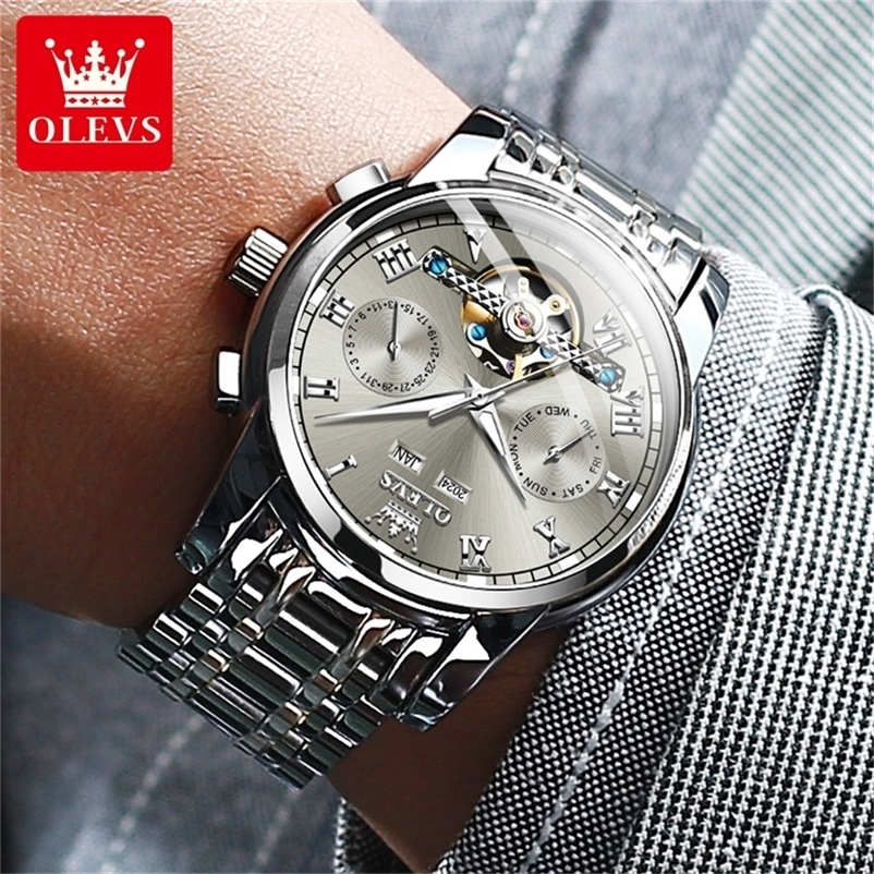 OLEVS Mens Watches Automatic Mechanical Business Wristwatch Waterproof Stainless Steel Man Skeleton Calendar 251011