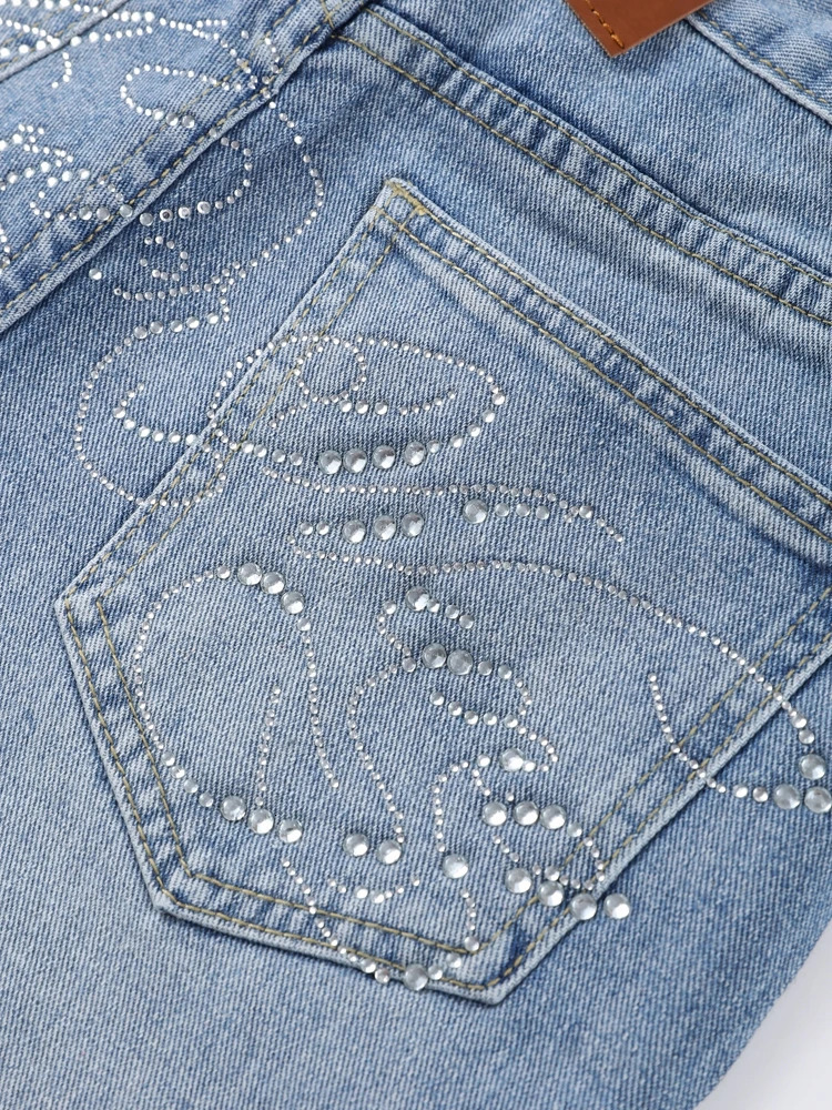 Spring High Waist Straight Leg Denim Pant For Woman Back Pockets Stitching Rhinestone Detail Ladies Simple Washed Blue Trousers 251013 - view 5