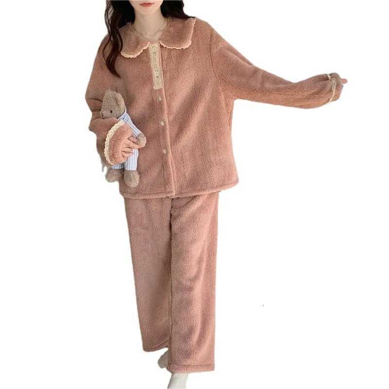 Thickened Warm French Sweet Coral Velvet Pajamas Womens Thick Winter Flannel Home Clothes Large Size Set Ladies Sleepwear Y251013