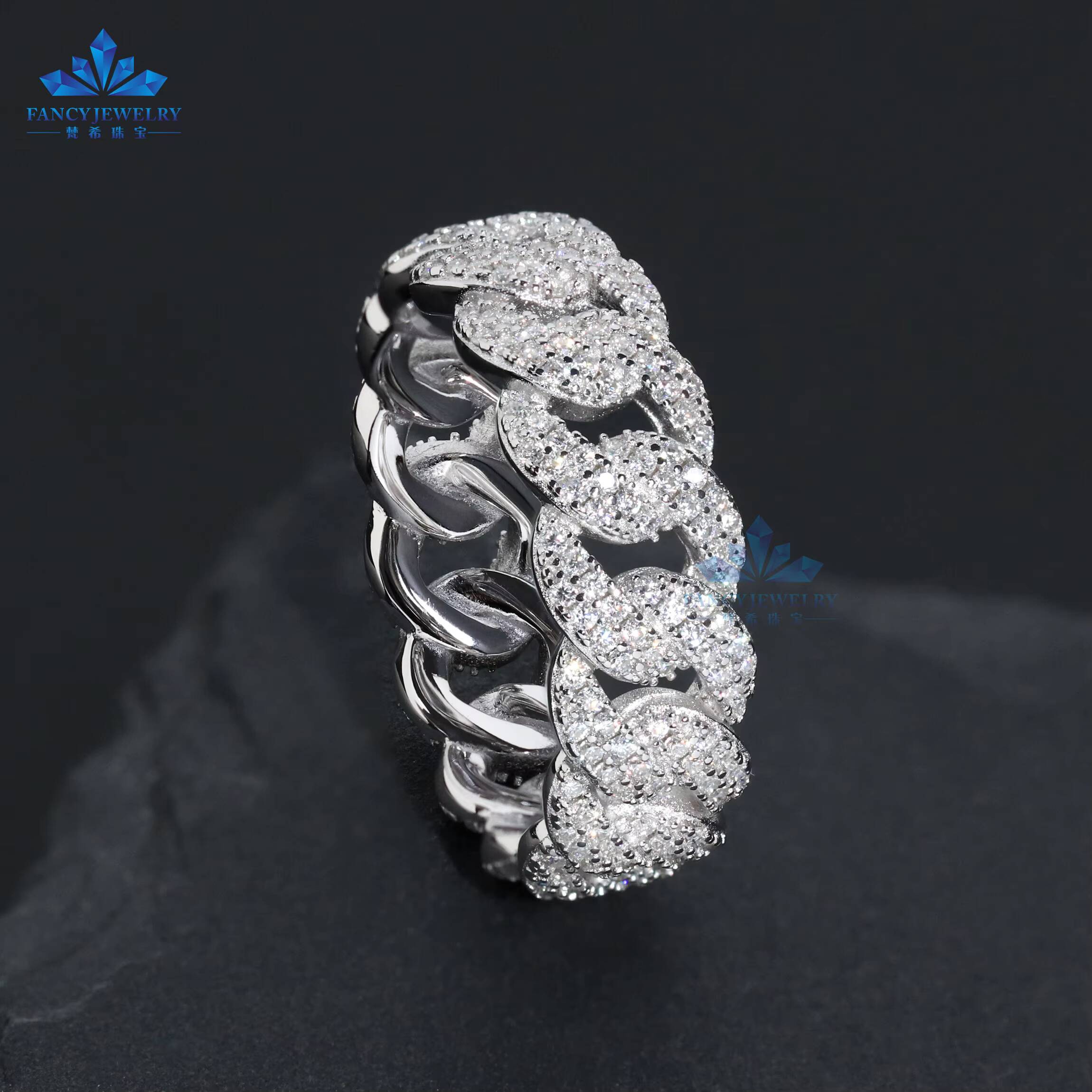 2 Row Cuban Link Moissanite Iced Mens Ring 925 Sterling Silver Rhodium Plating D Color Hip Hop Bling Style for Wedding Party