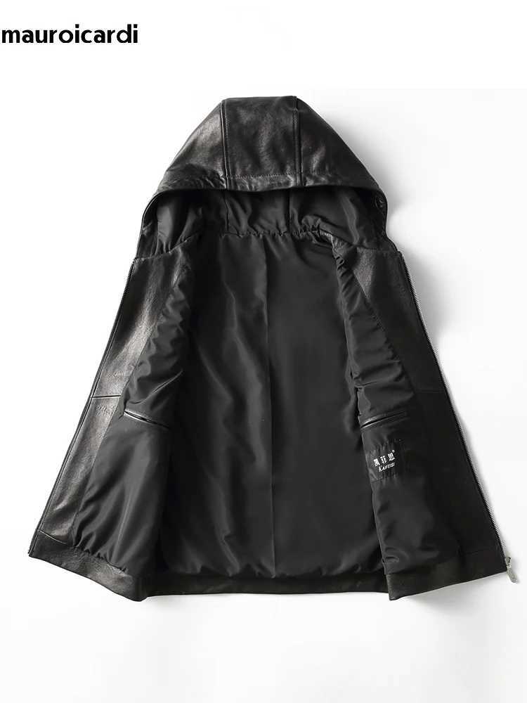 Mauroicardi Spring Autumn Luxury Elegant Cool Black Pu Leather Vest for Men with Hood Zipper Sleeveless Jacket Men Clothing 2023 J251014