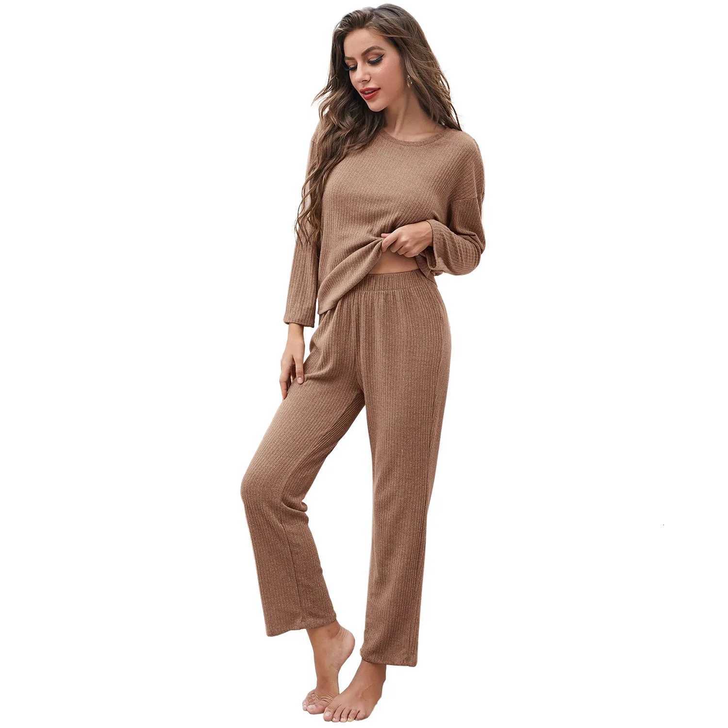 2024 New Womens Home Wear Set Autumn And Winter Solid Color Pajamas 2piece Set Can Be Worn Outside Womens SuitT251014