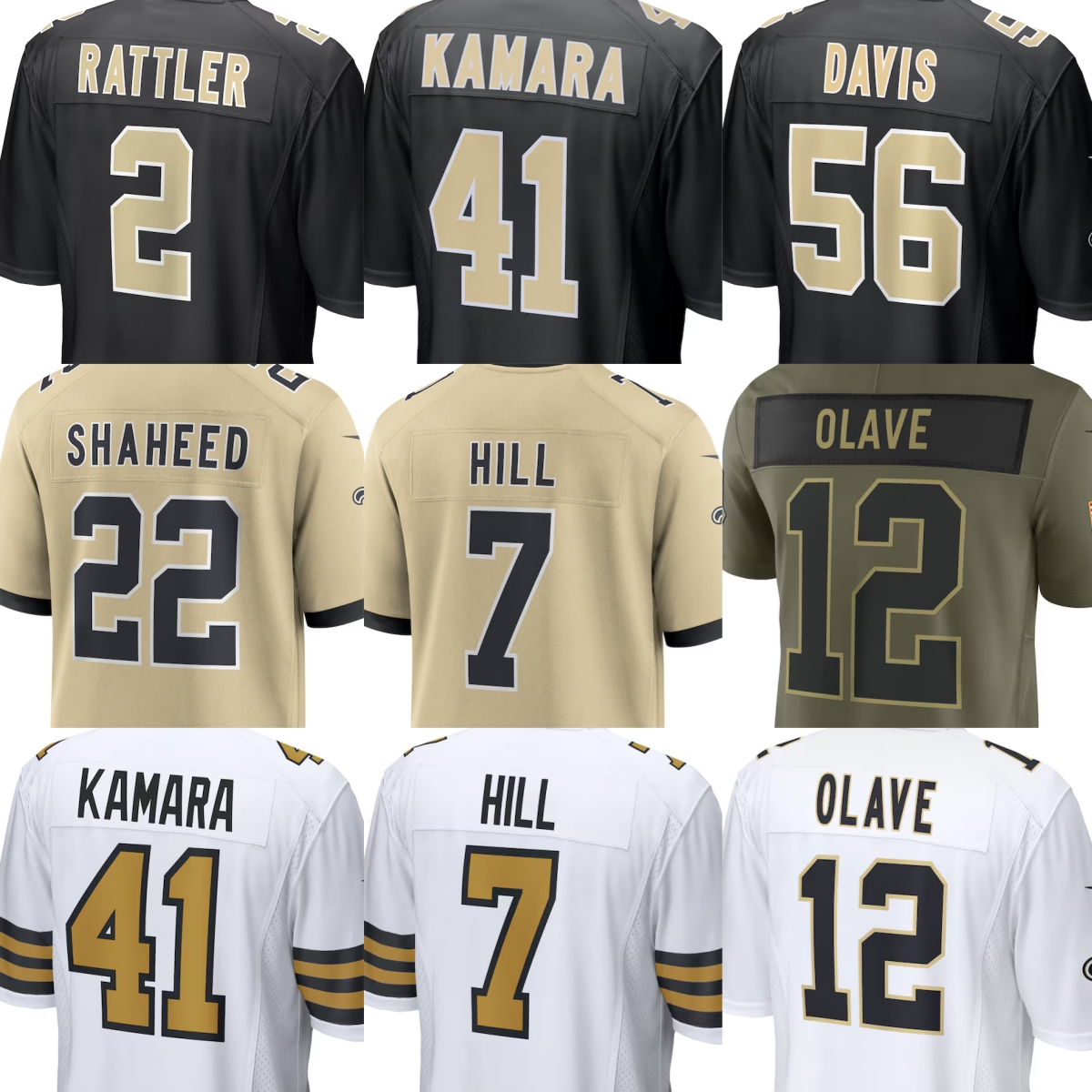 Saints Jersey Football Spencer Rattler Alvin Kamara Carl Granderson Jonas Sanker Alontae Taylor Kool-Aid McKinstry Cameron Jordan Justin Reid Nathan Shepherd