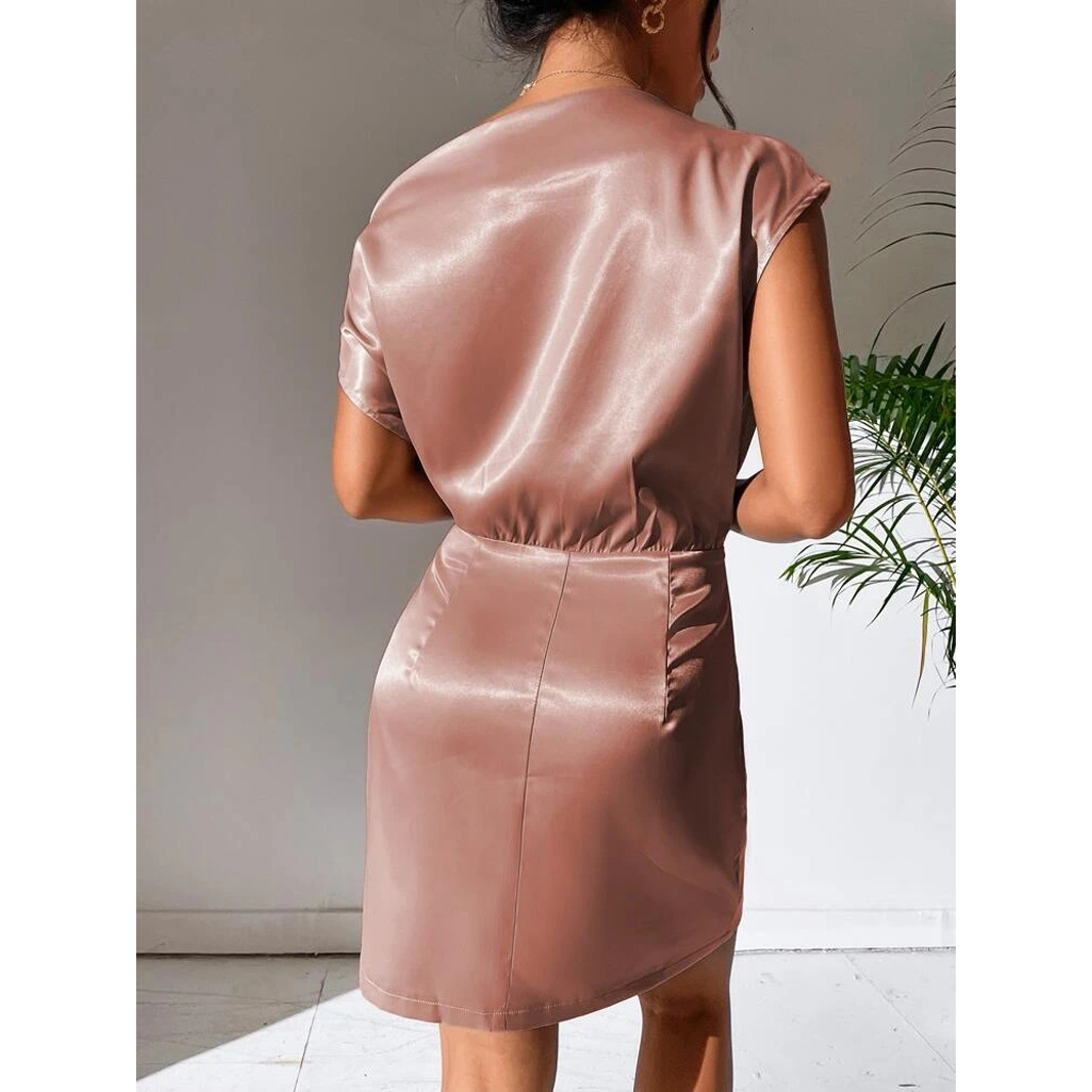 P1014New high-end sexy asymmetrical neckline satin dress European and American style