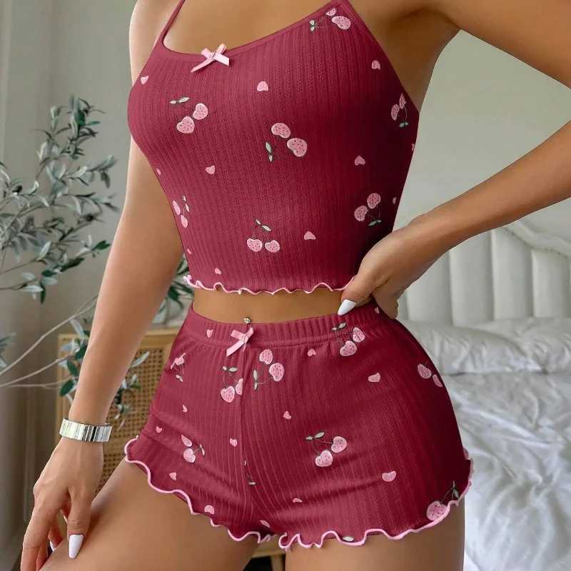 Womens Heart Print Sexy Ribbed Bow Decor Pajama Set Round Neck Backless Comfortable Crop Cami Top Shorts Summer NightwearT251014
