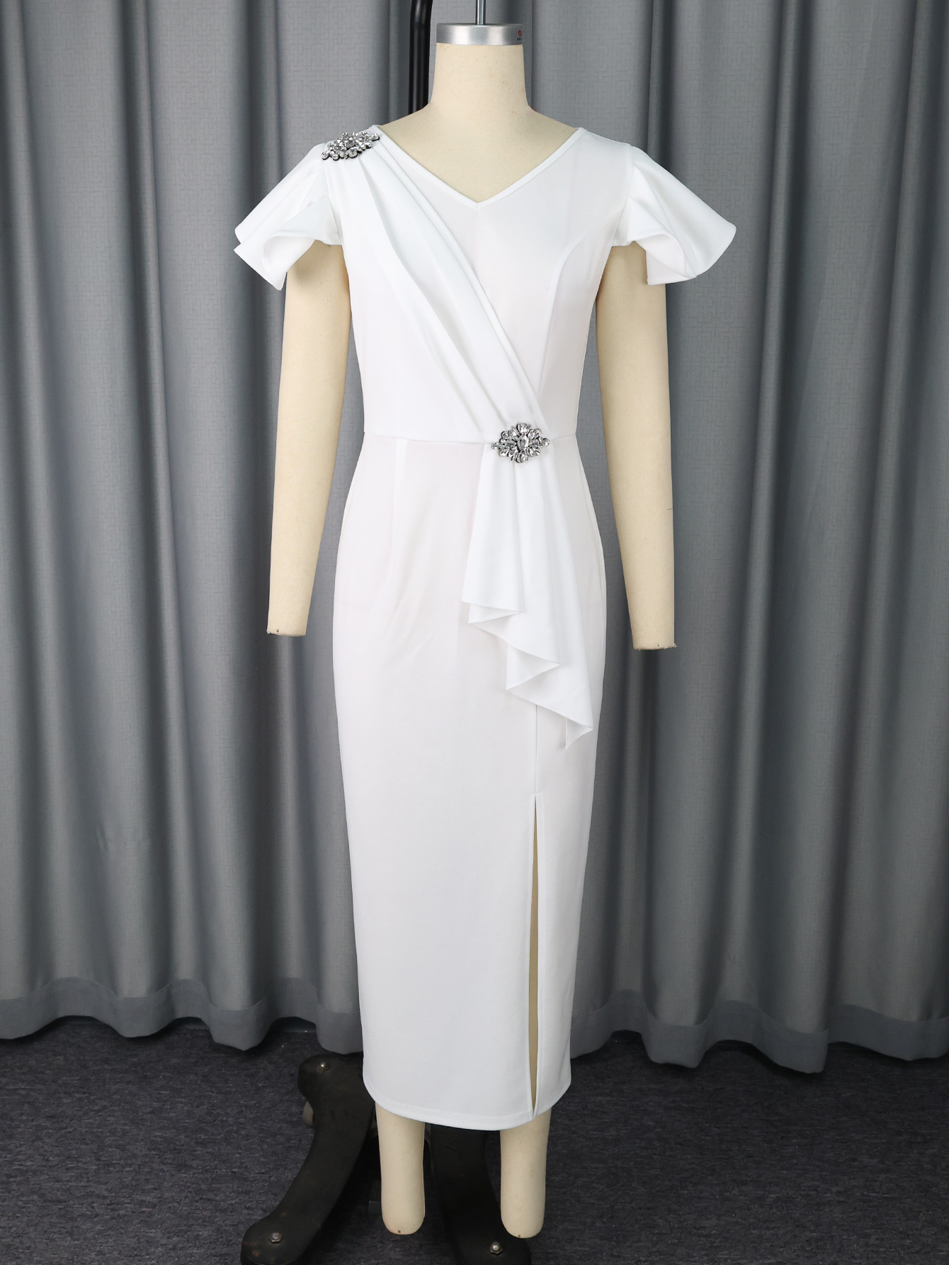 Elegant Club Party Young Girl V Neck Pencil Long Dress Short Ruffle Sleeve Plus Size Women Dress AM050729