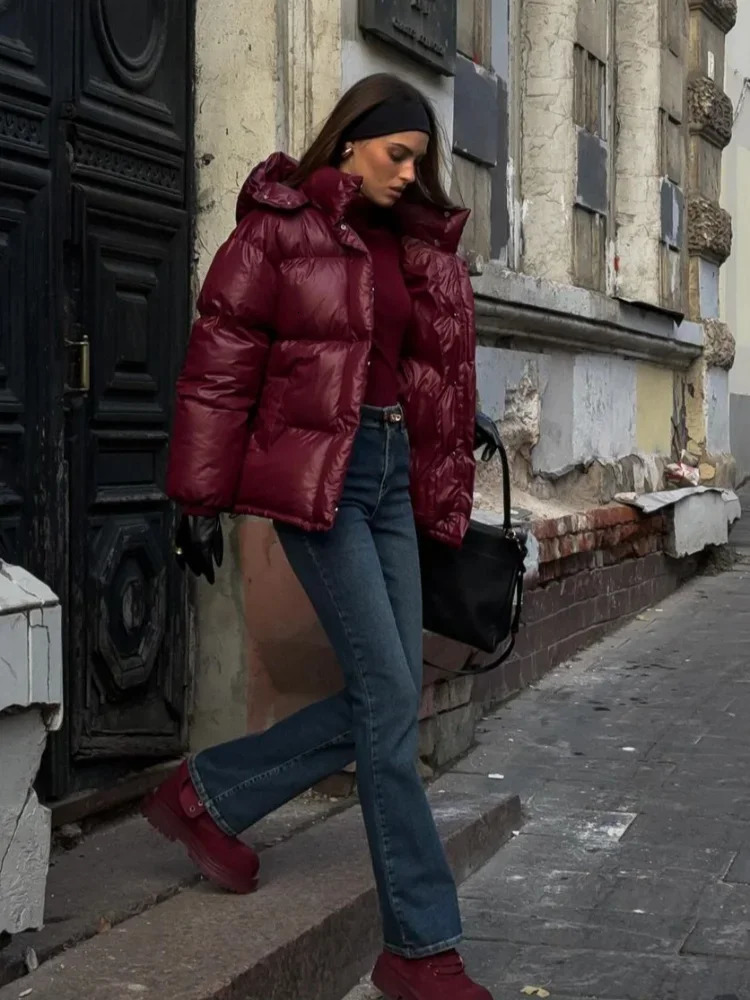 Fashion Burgundy Women Winter Hooded Cotton Jacket Vintage Solid Stand Collar Short Coat Lady Commute Street Outerwears 251011