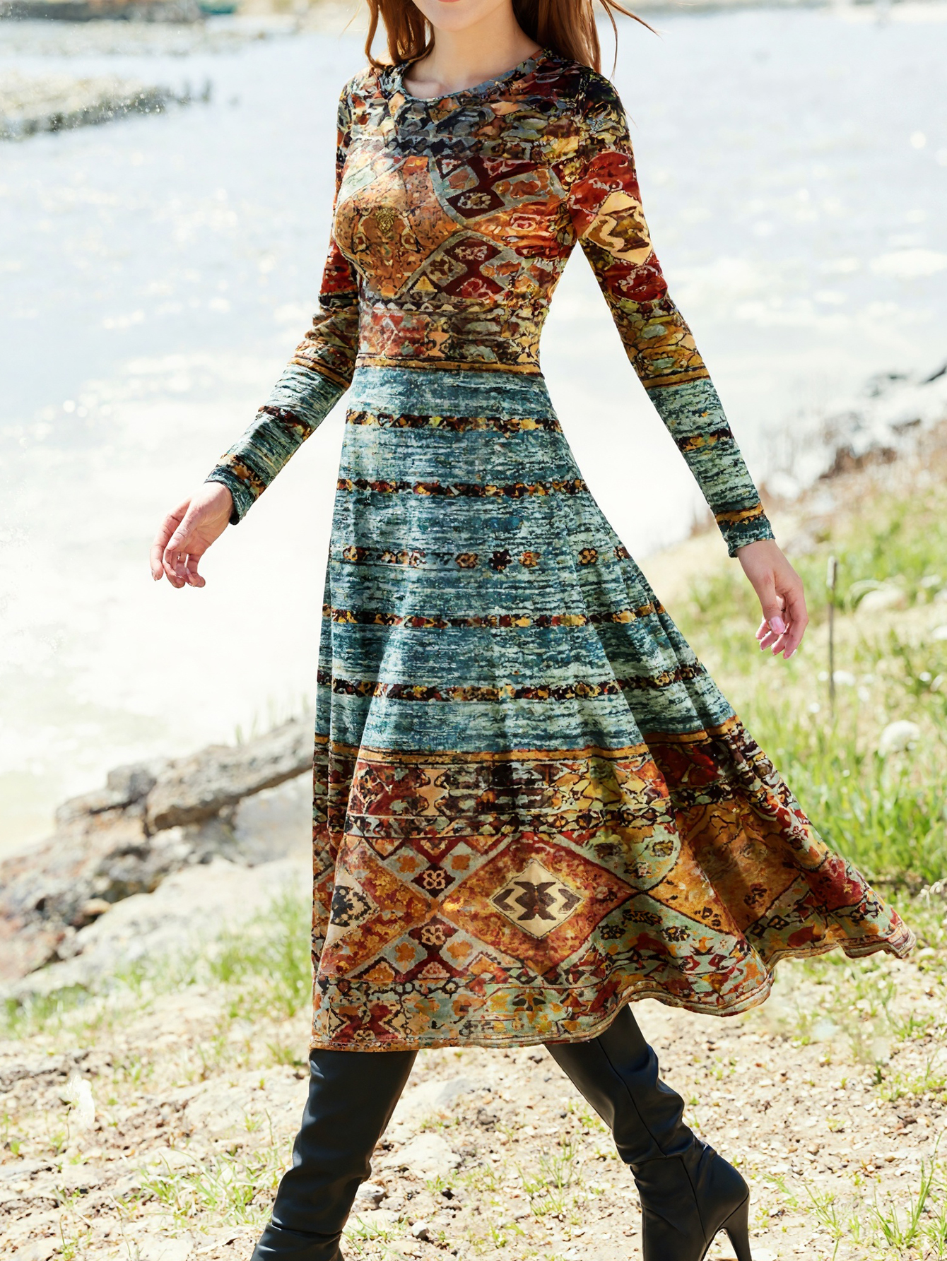 Women's Autumn Winter Ethnic Retro All-Over Printed Long-Sleeve Crew Neck Elegant Midi Dress-CF56358