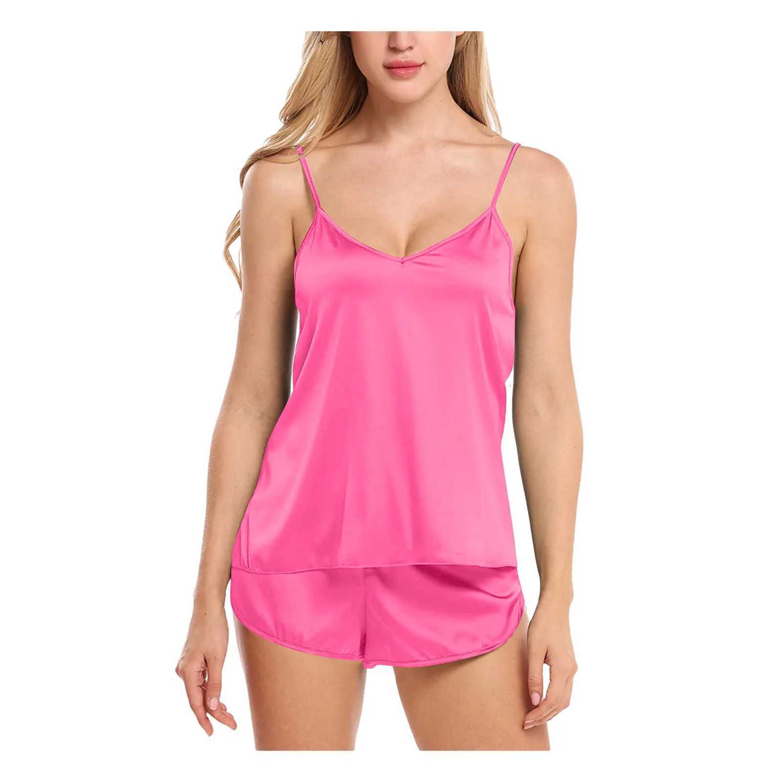 Womens Sexy Solid Color Lingerie Sleepwear Satin Silk Camisole Shorts Pajamas Set Summer Breathable Soft Lose VNeck Home WearT251014