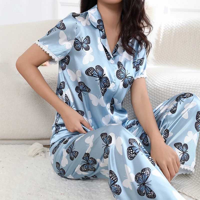 Womens Pajama Butterfly Cherry Print Satin Pijama Set Short Sleeve Buttons Top Elastic Waistband Pants Sleepwear LoungewearT251014