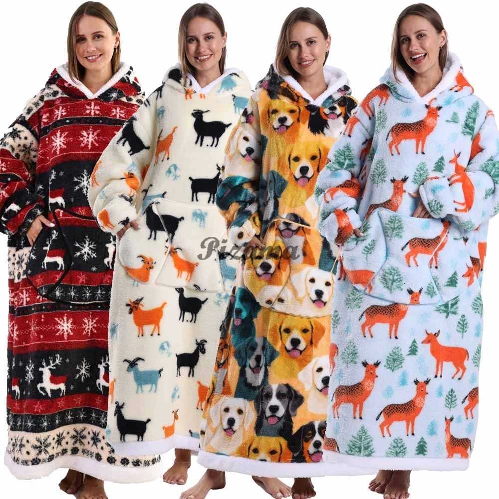 Christmas Super Long Flannel Blanket Coldproof Nightgown Pyjamas Sleeves Winter Hoodies Sweatshirt Women Men Pullover Fleece Y251013