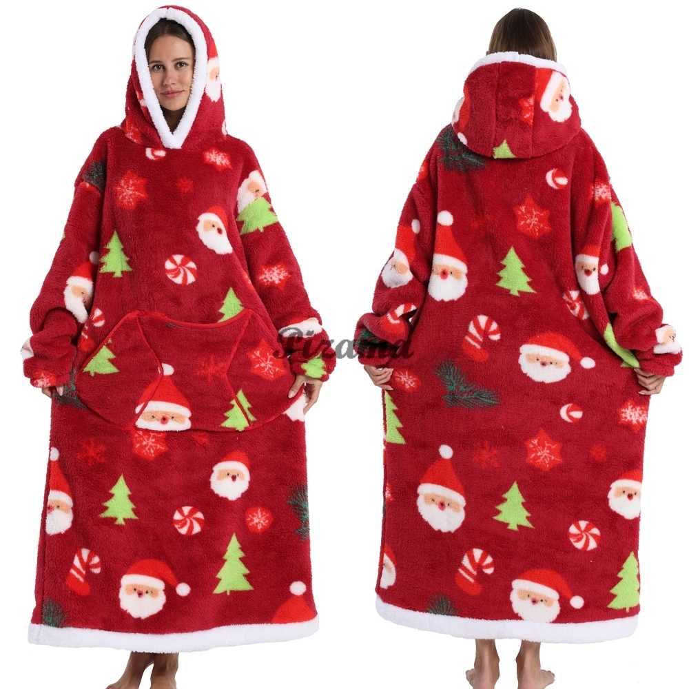 Christmas Super Long Flannel Blanket Coldproof Nightgown Pyjamas Sleeves Winter Hoodies Sweatshirt Women Men Pullover Fleece Y251013