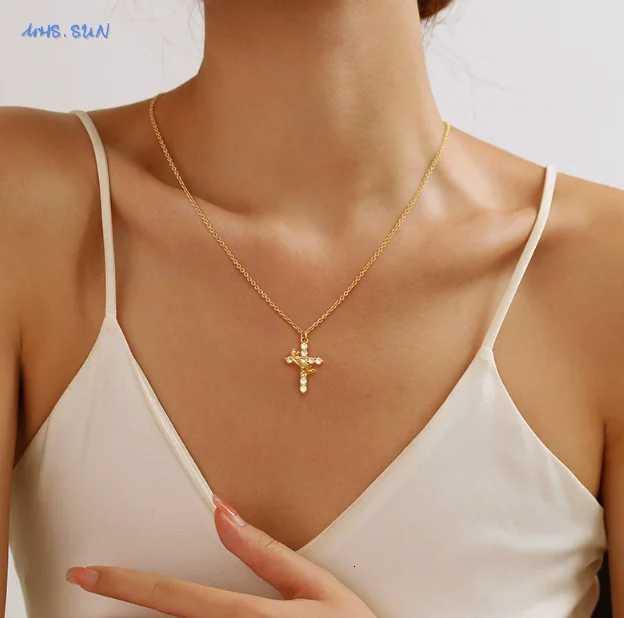 SUNSLL Cubic Zircon Rotatable Crown Cross Pendant Necklaces Classic Stainless Steel Chain Banquet Party Jewelry For Women MenW251014