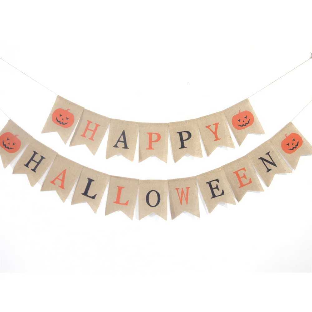 Happy Halloween Burlap Banner Spooky Season Party Decorations Fall Festival Supplies Halloween Home Wall Hangings Rustic Decor C251014