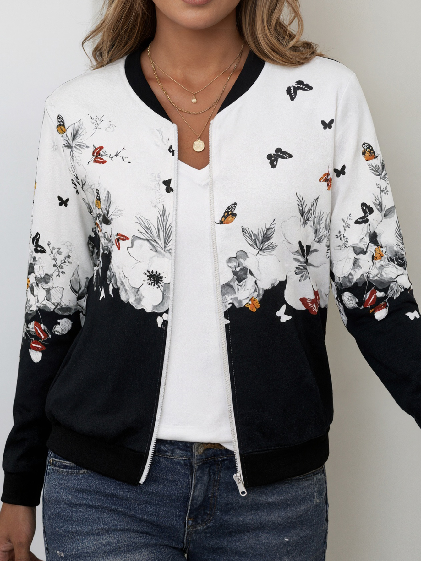 Women's Autumn Winter Casual Butterfly & Floral Printed Mom - Style Office & Versatile Jacket-CF42034