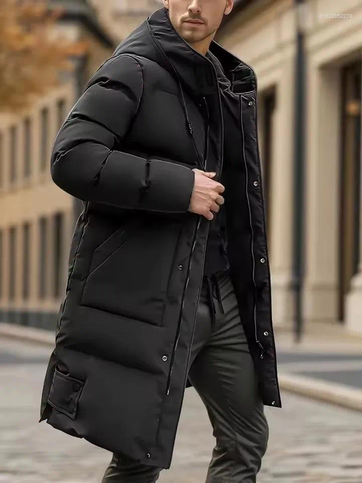 Men's Down Heavyweight Winter Coat Windproof Cold Weather Jacket With Full-Length Zipper Hooded Long Formality Large Front Pockets