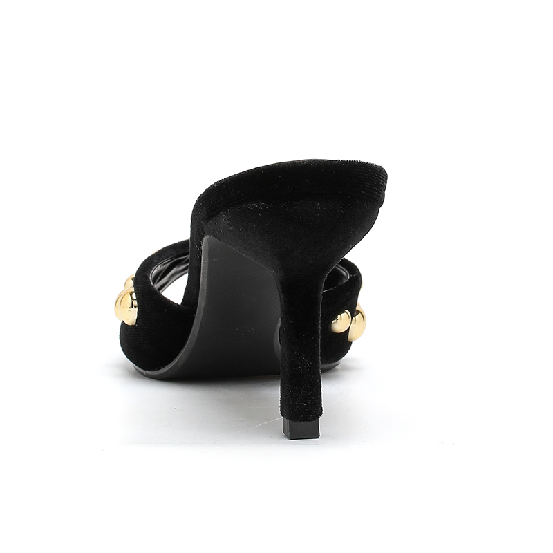 Women's Fashion Black Velvet Studded Stiletto Heel Mules - Elegant Round Toe Slip-On High Heels-6117