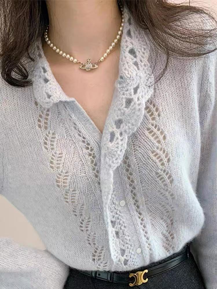 Early Spring Women Knitted Sweater Ladies Single-Breasted Petal Trim Hollow Out Cardigan Female Soft Knitwear Top