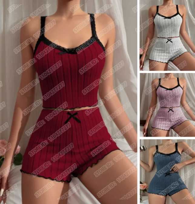 Womens Pajama Suit Suspender Sexy Butterfly Knot Strap Top Shorts Two Piece Set Comfortable Home Wear Spring Summer SleepwearT251014