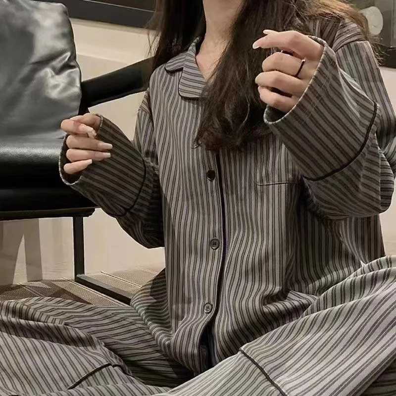 Pajamas for Women in Autumn and Winter Long Sleeved Striped Thin Design Can Be Worn Externally Student Sleepwear Two Piece SetT251014