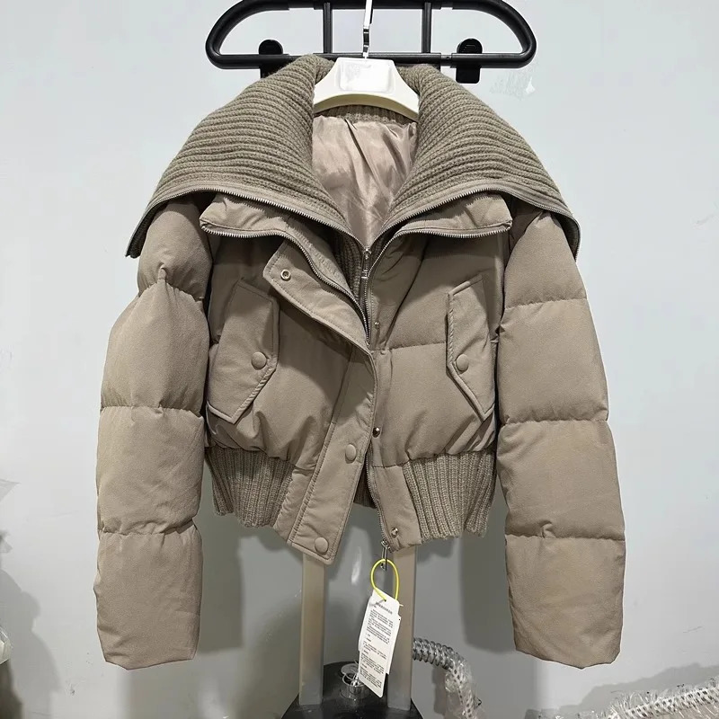 Fashion Women Down Jackets Big Lapel High Waist Zipper Short Puffer Coat Winter Casual Slim Thick Warm Outerwear Female 251009