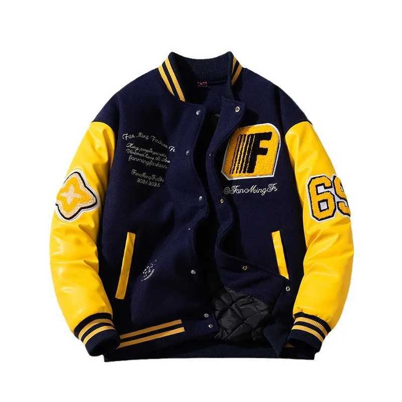 Winter Loose bomber jacket Men Woolen Retro Cotton Liner parkas couple streetwear PU leather sleeves baseball jacket chaquetas J251103