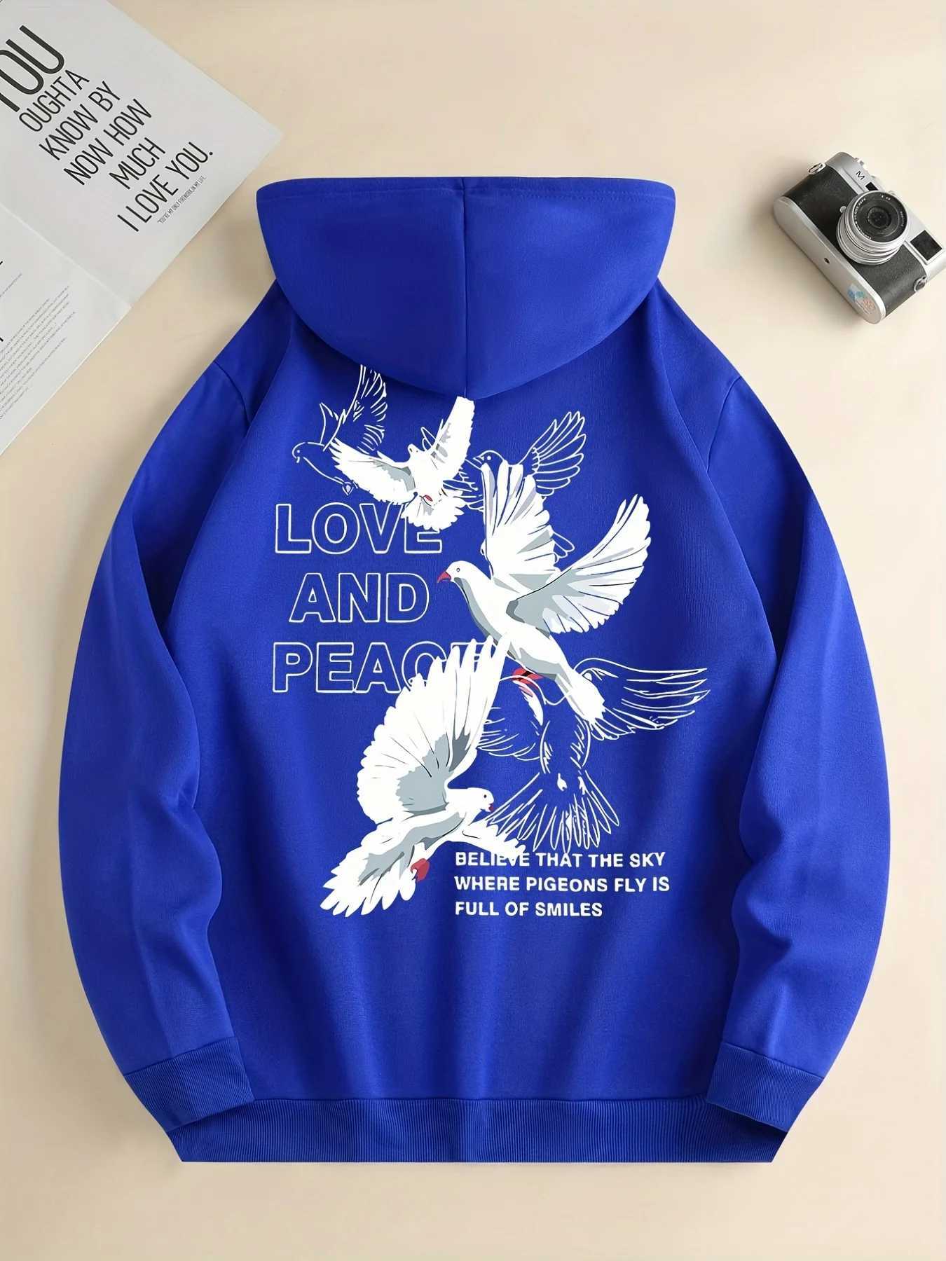 Peace Letter Pigeon Fashion Harajuku Printed Hoodie Casual Sporty Pullover Comfortable Autumn and Winter Warm Mens Sweater J251203
